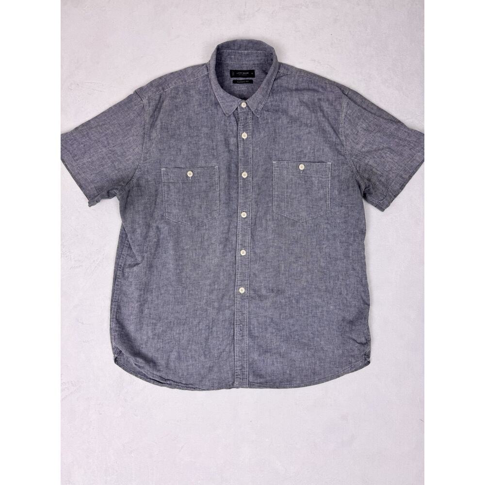 Lucky Brand XL Linen Blend Button Up Shirt Blue Gray Casual Slub